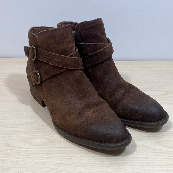 Born Dark Brown Distressed Suede Ankle Booties with Brass Buckles - Picture 1 of 10